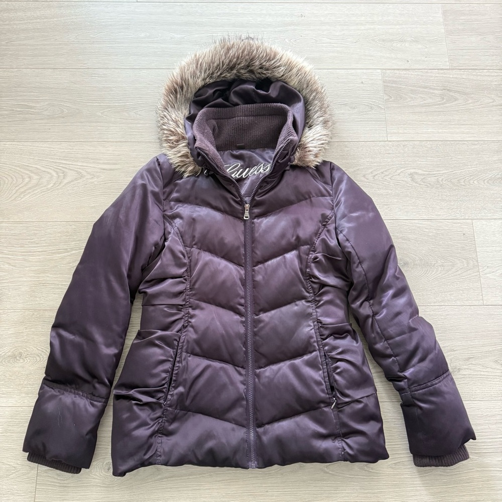 Guess Down Puffer Jacket Faux Fur Hood Medium